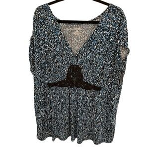 Lane Bryant Plus Blue Black Abstract Print Crochet V-Neck Stretch Blouse 22 24